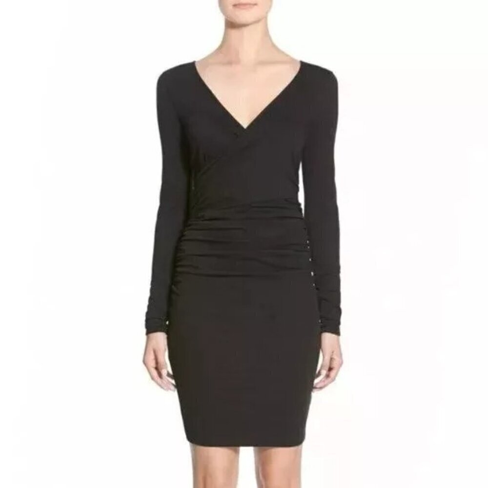 Leith Black Draped Faux Wrap Ruched Side Bodycon Long Sleeve Mini Dress Medium